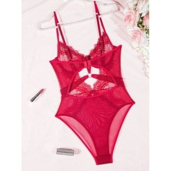 Burgundy Lace Patchwork Bodysuit Lingerie - Picture 2 of 5